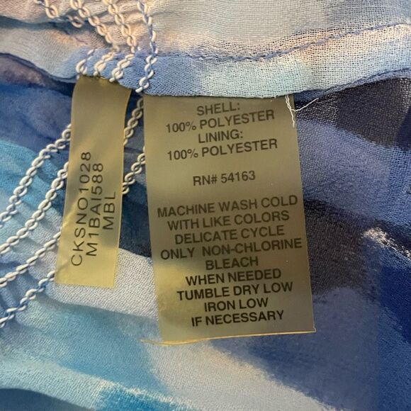 Calvin Klein Watercolor Peplum Blouse Blue White Chiffon Short Sleeve Lined XL - Picture 6 of 6